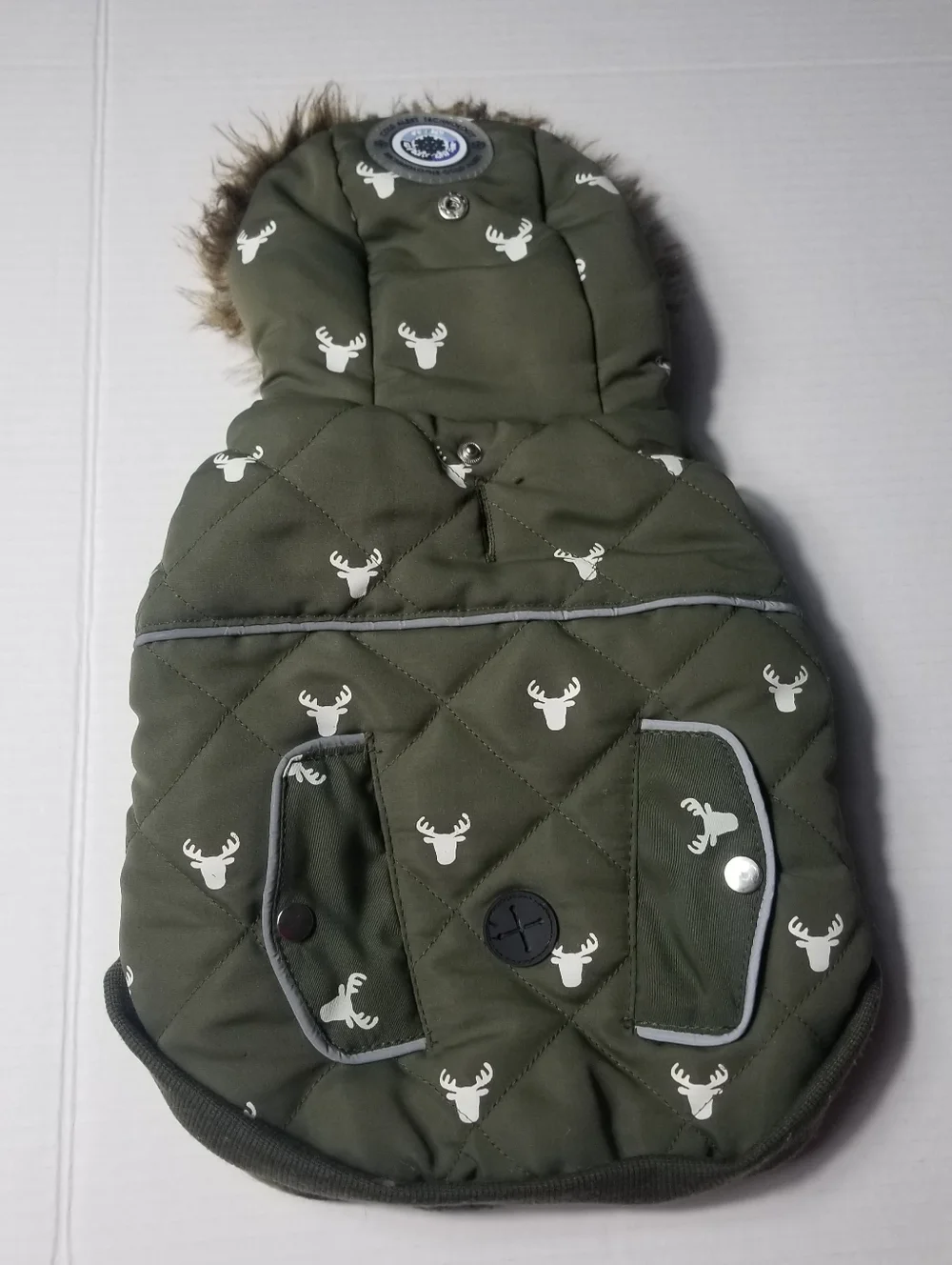LUVGEAR DOG QUILTED OLIVE COAT WITH FAUX FUR HOOD SIZE SMALL